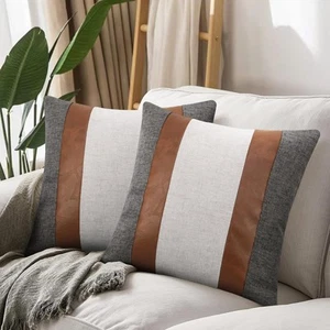Faux Leather Linen Throw Pillow 18x18 Set of 2 Gray Brown Patchwork Farmhouse - Picture 1 of 8