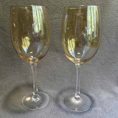 Pier 1 Gold Luster Water/Wine Goblets Set Of 2 Yellow Bowl Clear Stem Glasses - Image 1 of 4