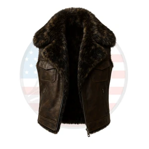 Men's Vintage Brown Kraven Leather Vest Fox Fur Biker Motorcycle Cosplay Jacket - Picture 1 of 6