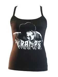 LADIES BLACK STRAP VEST LUX INTERIOR THE CRAMPS B-MOVIE PSYCHOBILLY GARAGE S-2XL - Picture 1 of 4