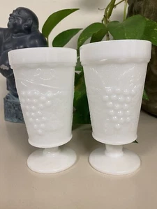 Vintage Indiana Milk Glass Water Goblets Harvest Grape Pattern Set of 2 - Picture 1 of 7