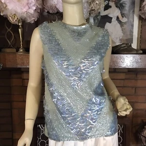 VINTAGE CIRCA 1960'S WOOL AND BLUE SEQUINS SLEEVELESS PARTY TOP SZ APPX S/M - Picture 1 of 12