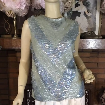 VINTAGE CIRCA 1960'S WOOL AND BLUE SEQUINS SLEEVELESS PARTY TOP SZ APPX S/M - Image 1 of 4