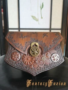 Steampunk Victorian Pouch / Renaissance Clock Gears / Sci Fi Leather Belt Pouch - Picture 1 of 1