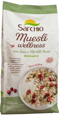 SARCHIO MUESLI WELLNESS BIO CEREALI SENZA GLUTINE SEMI MIRTILLI COLAZIONE VEGANA