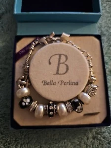 Bella Perlina:  Black/ White flower Silver Charm Bracelet NIB - Picture 1 of 8