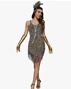 Women's Large 1920s Flapper Sequin Fancy Costume Dress Great Gatsby Party Dress - Picture 1 of 3