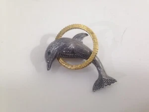 Vtg LC Liz Claiborne Dolphin Brooch Pewter color dolphin jumping in gold ring - Picture 1 of 5