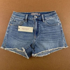 JUSTUSA Juniors Size 0 Medium Wash Stretch Denim Hi Rise Cut Off Jean Shorts NWT - Picture 1 of 8