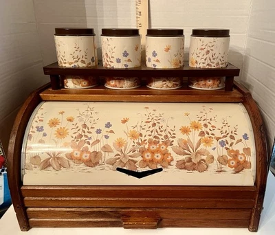 VTG Bread Box Canister Set Metal Wood Floral Design 16"x11"x9" w/ Drawer Italian - Image 1 of 4