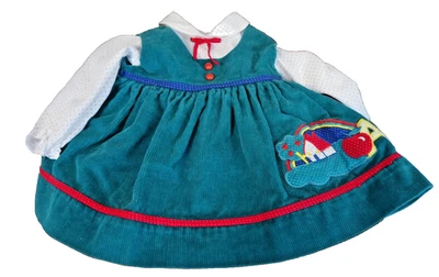 Baby Girl 4 Piece Set Vintage 1980 Green Corduroy Pinafore Blouse Pants Hat 12 M - Image 1 of 4