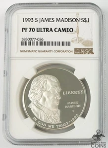 1993-S US $1 Silver Proof Coin, JAMES MADISON MONTPELIER NGC PF70 Ultra Cameo - Picture 1 of 4