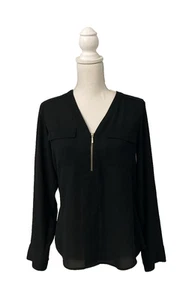 Express Women’s Black Long Roll Tab Sleeve 1/4 Gold Zip Top Size S Petite  - Picture 1 of 8