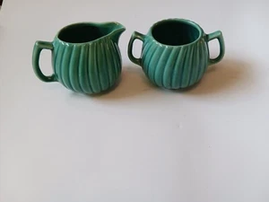 Vintage Pottery Teal Green Creamer And Sugar - Picture 1 of 6