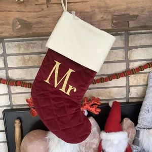 Letter Initial Mr Monogram Christmas Stocking Dark Red Ivory Velvet Harvey Lewis - Picture 1 of 4