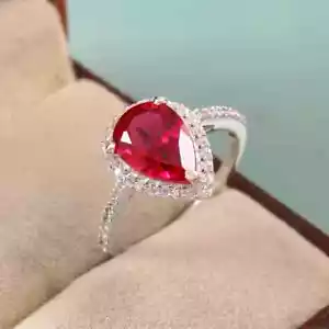 Rubí Anillo,Corte Pera Hecho a Mano Compromiso Anillo 14K Oro Blanco Macizo - Imagen 1 de 4