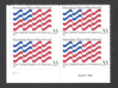 Unused FLAG US Postage Block of 33 Cent Stamps 1999 HONORING THOSE WHO SERVED - Image 1 of 2