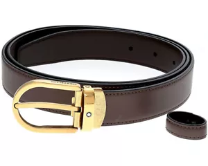 MONTBLANC Horseshoe Vintage Yellow Gold Finish 30MM Leather Belt 129424 - Picture 1 of 4