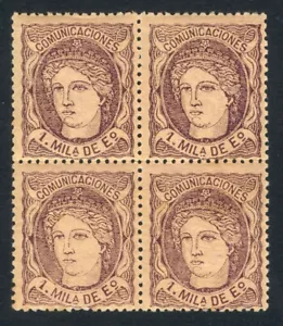 ESPAÑA 1870 - EDIFIL 102** - ALEGORÍA - 1 MILÉSIMA - BLOQUE DE 4 - MNH - Imagen 1 de 2