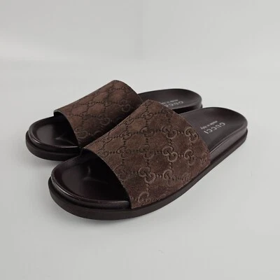 GUCCI $820 Sandalias Para Hombre Marrón GG Gamuza Deslizables Nuevas y Auténticas Foto 1 de 4