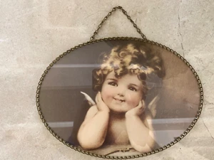 Bessie Pease Gutmann Framed Print Baby Angel Cherub Oval Brass Chain Frame MCM - Picture 1 of 15