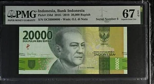 Indonesia 20000 Rupiah 2016/2019 P 158 d LOW SOLID #6 Superb Gem UNC PMG 67 EPQ - Picture 1 of 3