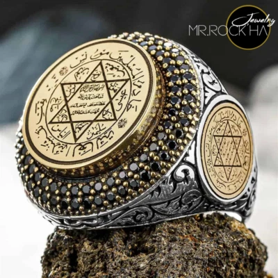 Anillo para hombre Sello de Salomón, circón negro, color dorado, grabado, plata de ley 925 Foto 1 de 4