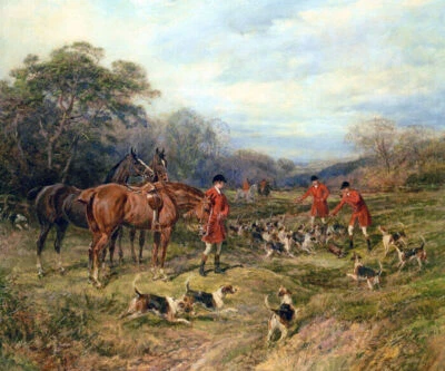 THE KILL ENGLISH HUNTING SCENE HOUND DOG HORSE PAINTING BY HEYWOOD HARDY REPRO  - Image 1 of 3