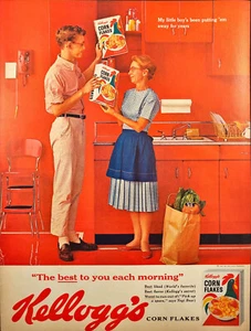 1962 Kellogg's Corn Flakes Print Ad Mother and Grown Son Red Kitchen - Picture 1 of 6