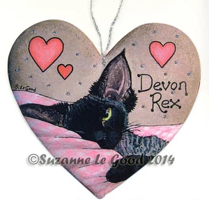 Letrero de arte de gato Devon Rex pintura corazón humo negro de Suzanne Le Good original - Imagen 1 de 1