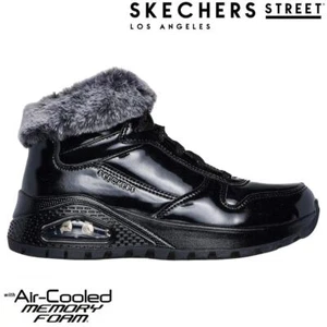 Skechers Womens Boots Black Shiny Memory Foam Ladies Hi Top Trainers Uno 168126 - Picture 1 of 6