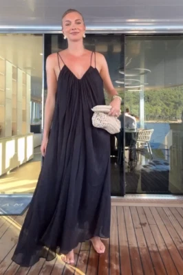 Nuevo con etiquetas Vestido Maxi Suelto H&M Línea A Tirantes Algodón Arrugado Voile Negro Talla XS, XXL Foto 1 de 4