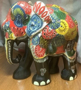 Hand Carved Wooden Elephant Figurine Fine Hand Painted Heavy At 2 Lbs 10oz. 7” T - Picture 1 of 7