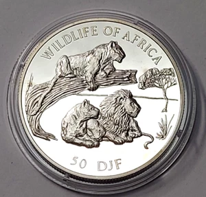 Djibouti 50 DJF 1997 PP Silber 925 Ø34mm Löwe Löwen-Familie Wildlife of Africa - Bild 1 von 2
