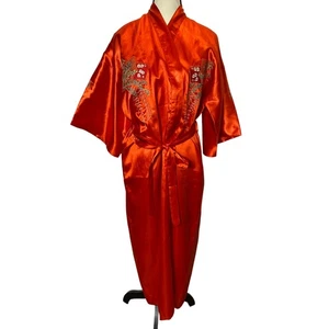 Vintage Oriental Embroidered Kimono Robe Cover Up Red Floral Crane Waist Tie  - Picture 1 of 12