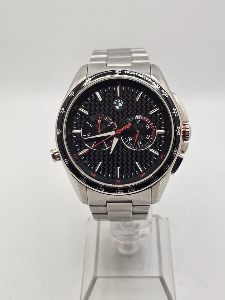 2010 BMW Mens SilverTone Daydate Analog Carbon Fiber Style Dial Tachymeter Watch - Image 1 of 4