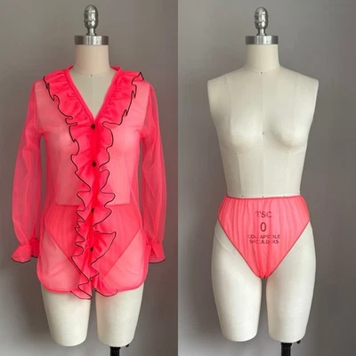 Vintage 60’s Sheer Hot Pink Babydoll Set Nylon Ruffled Panty Top Lingerie XS/S - Image 1 of 4