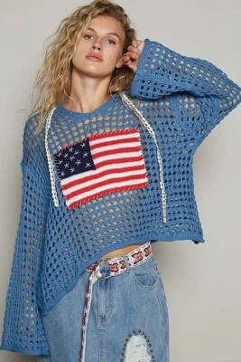 American Flag Open Knit Crochet Sweater Top - POL - Image 1 of 4