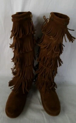 Botas femininas Minnetonka 1658 camurça marrom altura do joelho 5 camadas franja zíper tamanho 7 - Imagem 1 de 4