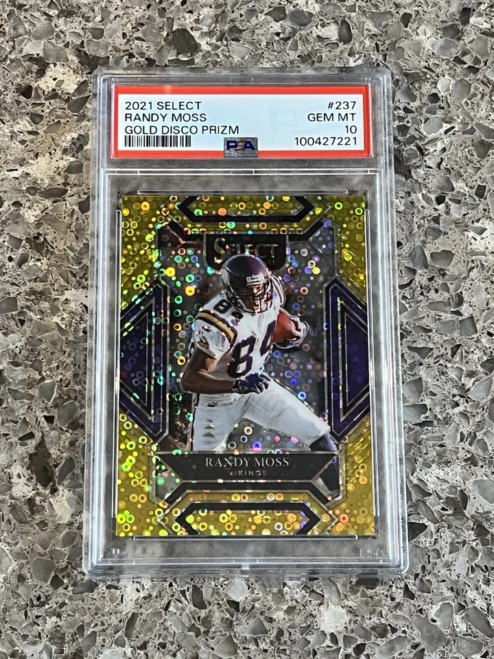 Randy Moss 2021 Panini Select Gold Disco Prizm #’d/10 PSA 10 GEM MINT Vikings - Image 1 of 2