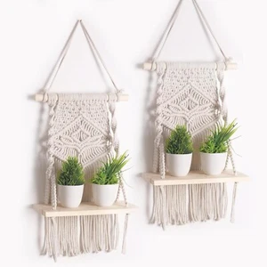 Mensola da Appendere a Parete da Interno Macramè Decorazione Chic Legno Galleggiante Boho Mensole Set di 2 - Foto 1 di 7