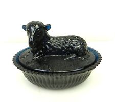 Degenhart Glass Lamb on Nest Lidded Ribbed Bowl 5 1/4" Black/Navy ~EC~  DC