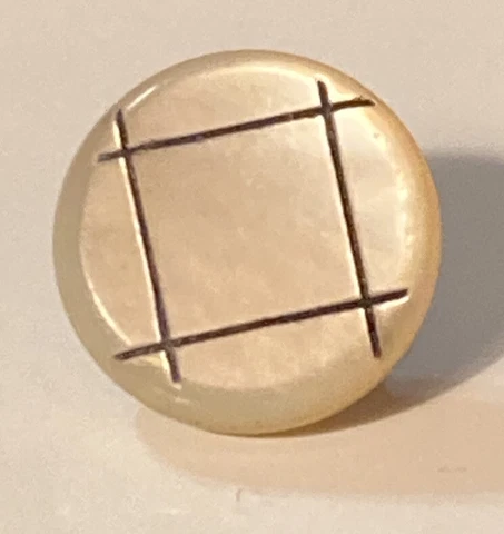Antique White Pearl Button Black Carved Etched Square Center Metal Shank 9/16" Cover
