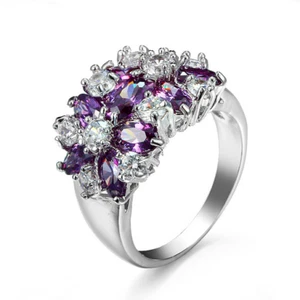Dazzling Flower Shape Amethyst Zirconia Gems Silver Ring Size 6-10 Holiday Gift - Picture 1 of 7