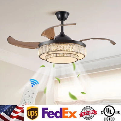 48" Modern Crystal Ceiling Fan Light Kit Retractable Remote Control LED Dimmable - Image 1 of 4