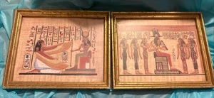 2 Papiro Enmarcado Egipcio Vintage Pintura Arte Pintado a Mano Marco de Madera Faraones - Imagen 1 de 5
