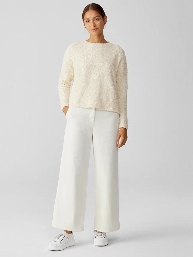 "Pantalón Eileen Fisher crema algodón orgánico elástico pana pierna ancha XS entrepierna 25""" Foto 1 de 4