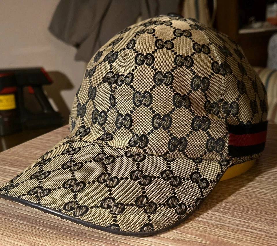 Gucci Monograma GG Web Lona Gorra de Béisbol Sombrero Gris Talla M Foto 1 de 4
