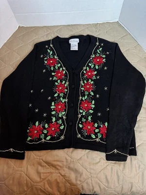 B.P. Diseño Navidad Negro Y Rojo Bordado Mujer’s Talla Med. Flores de pascua Foto 1 de 4