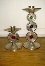 2 Vintage modernist silver plate jeweled cabochons candlestick modern 